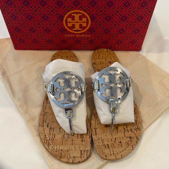 New Tory Burch Metallic Silver Patent leather Cork Miller Sandals Size 8.5 - Picture 7 of 14